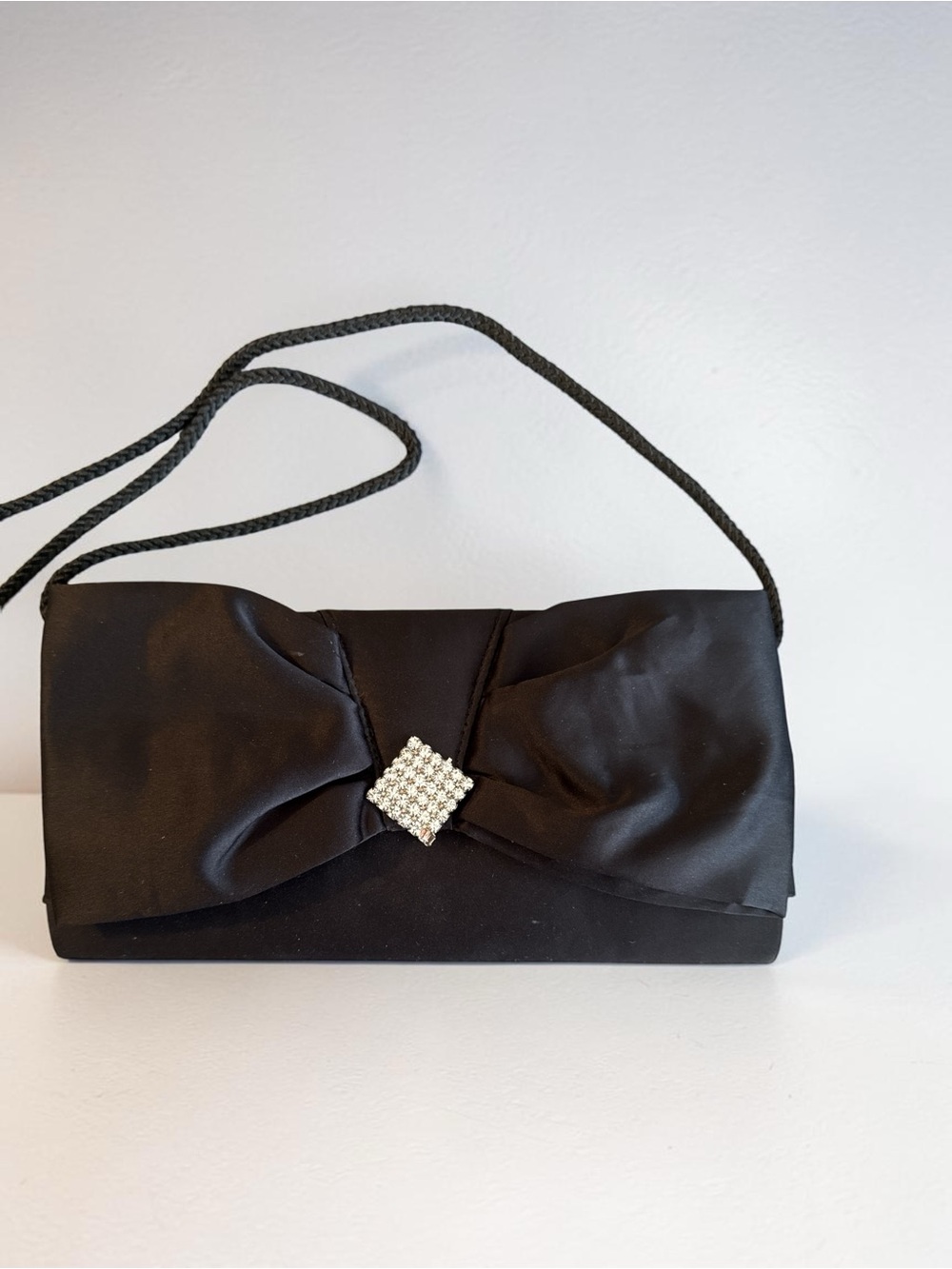Black Satin Evening Clutch Rhinestone Bow Crystal Accent Shoulder Bag
